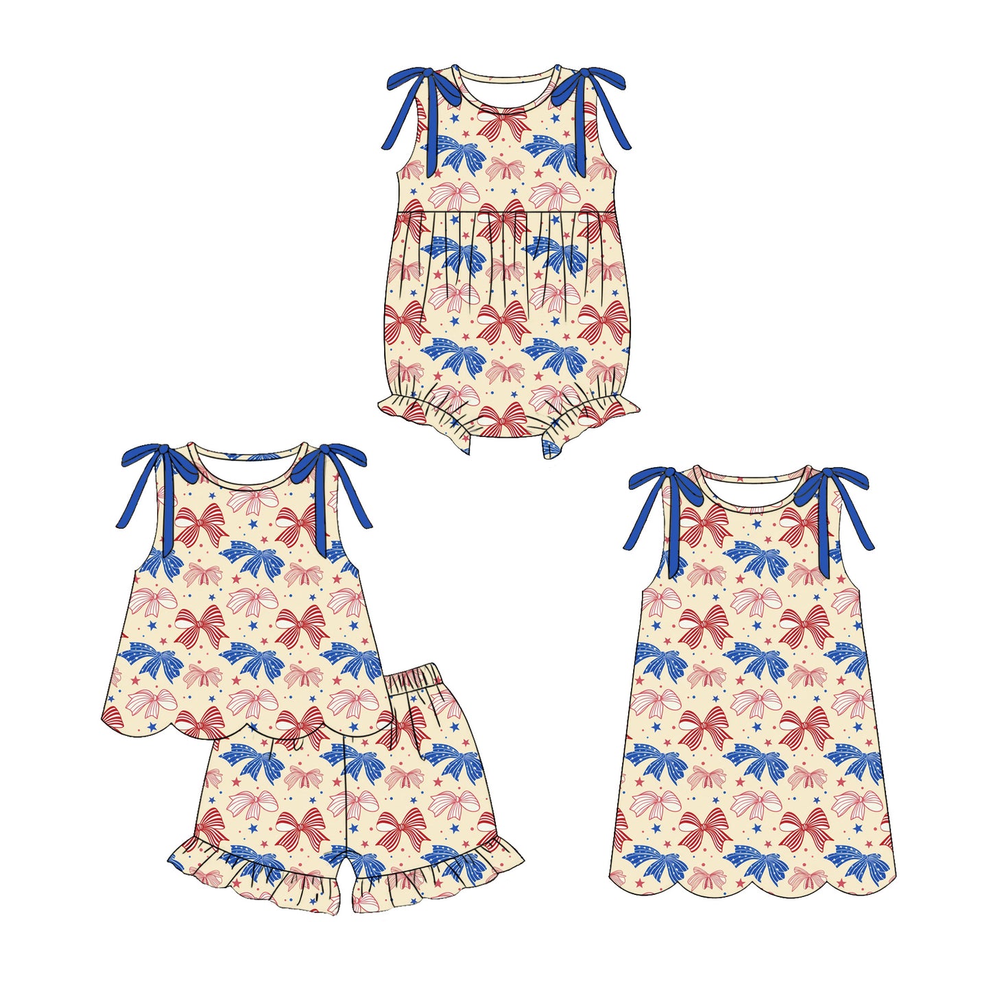 3.30 Custom moq 5 mix size Sibling Baby Girl's Bows 4th of July Sleeveless Top And Short Set Cute Romper Dress for Summer