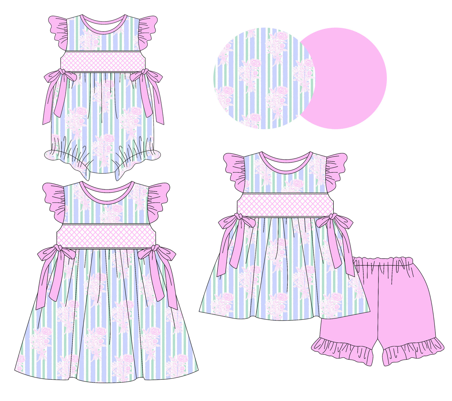 3.7 custom each style moq 5eta 4-6week Sibling Sisters floral baby girl short sleeve shorts sets and dress and rompers match family design
