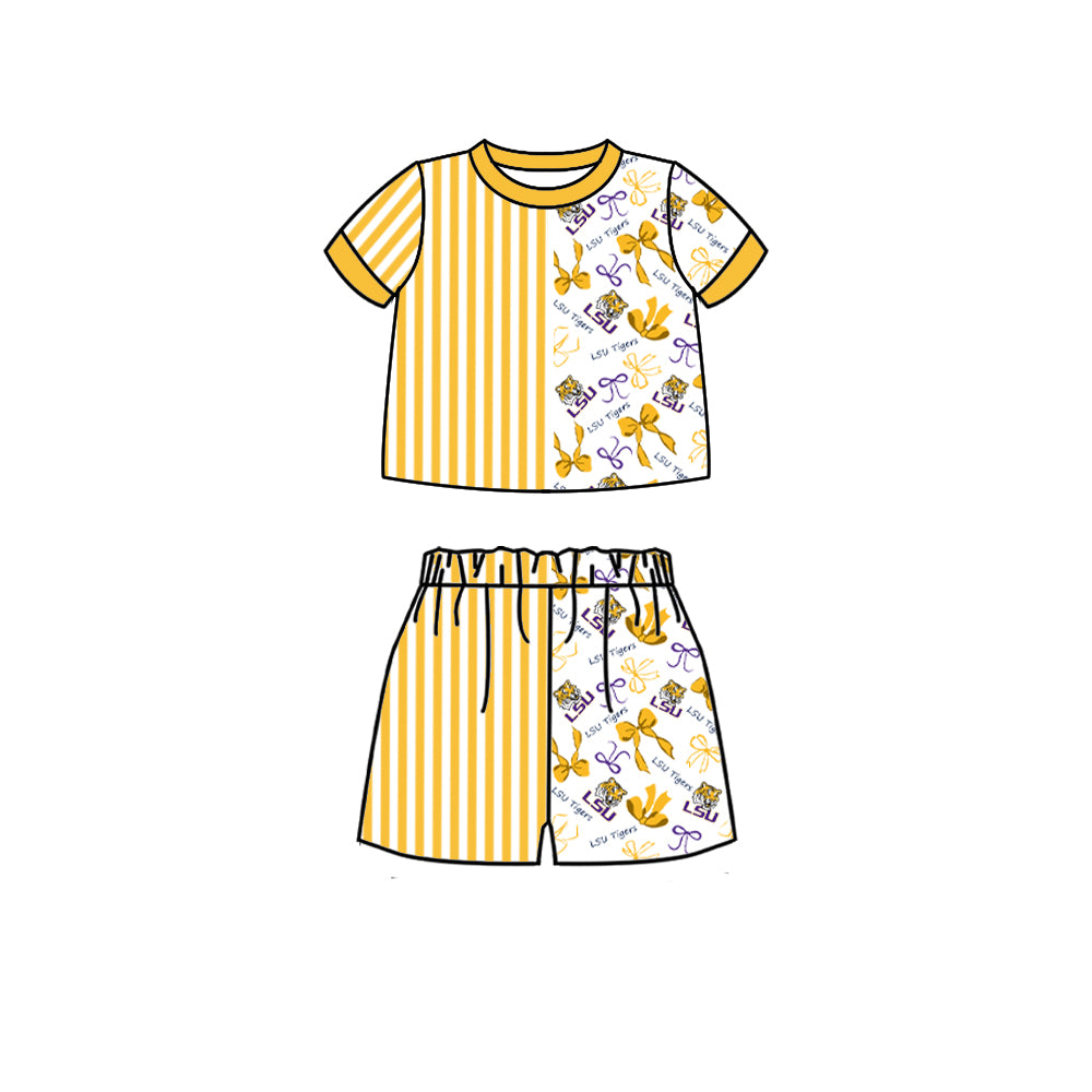 Custom moq 5 mix size milk silk summer teams Baby Yellow Striped Bow Print Short Sleeve Top And Shorts Set
