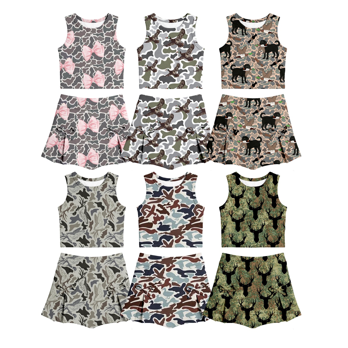 Custom moq 5 mix size Sibling Camouflage Baby Girls Yoga Set Sleeveless Top And Skirt Outfit for Kids Active Wear