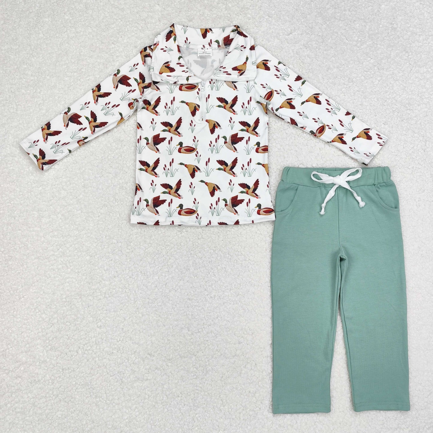 RTS NO MOQ(In Stock) Duck white zipper long-sleeved green trousers set