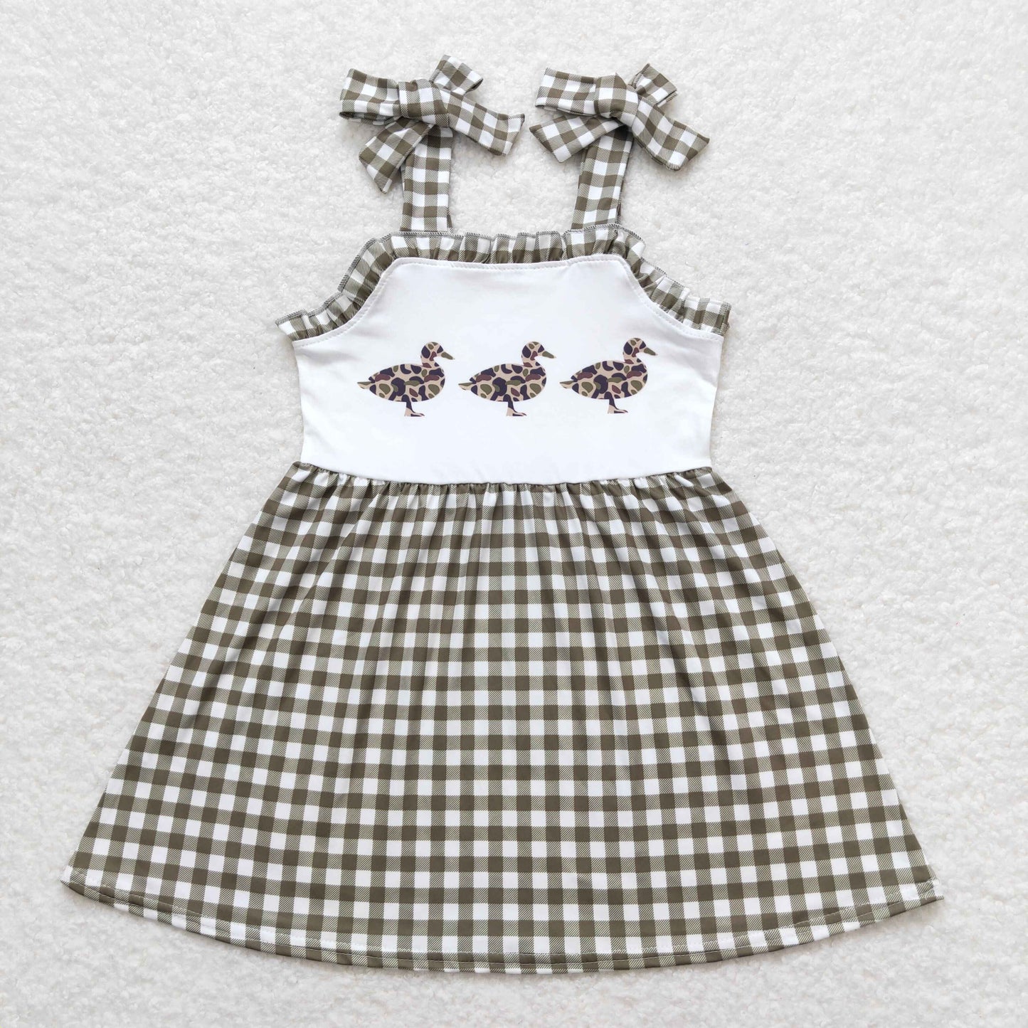 RTS NO MOQ(In Stock) Three Ducks army green plaid lace suspender dress