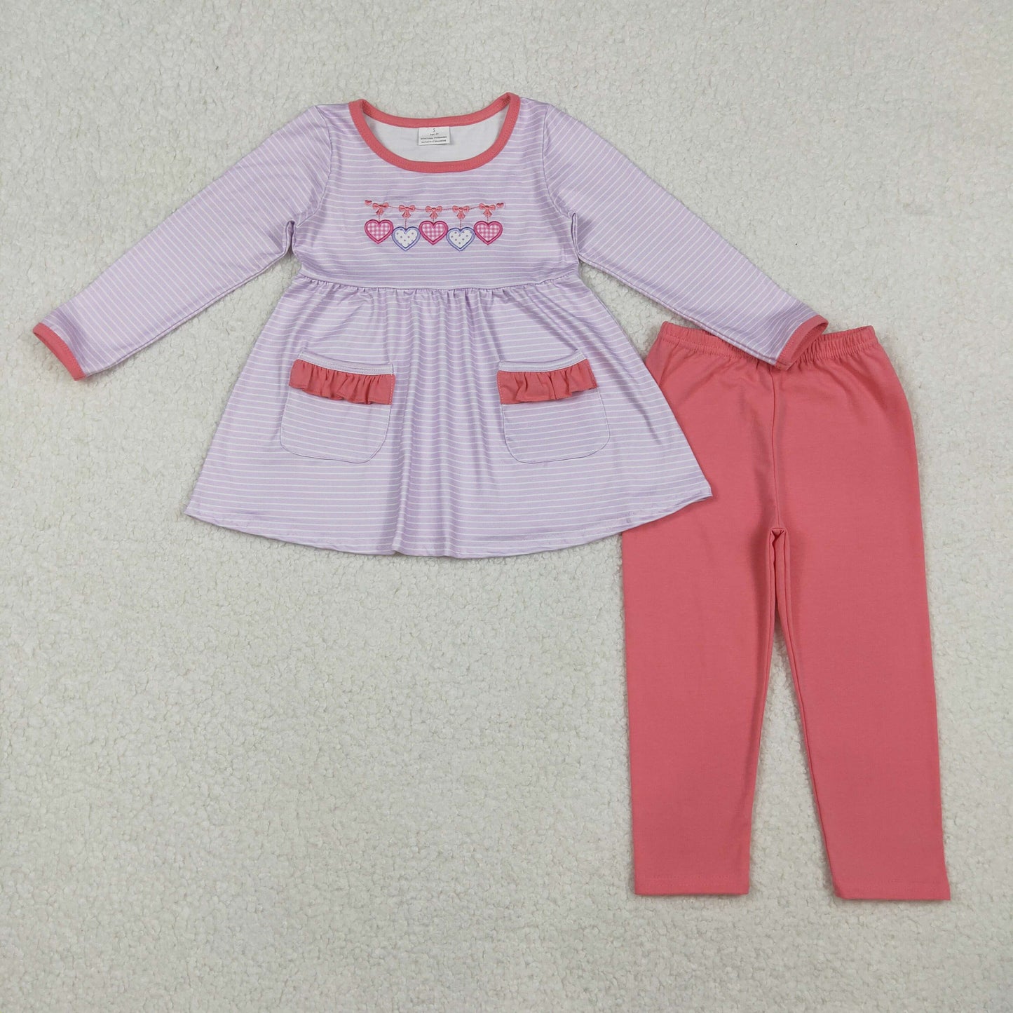 RTS NO MOQ(In Stock) GLP2906 Embroidered Valentine's Day heart purple striped lace pocket long-sleeved pant set