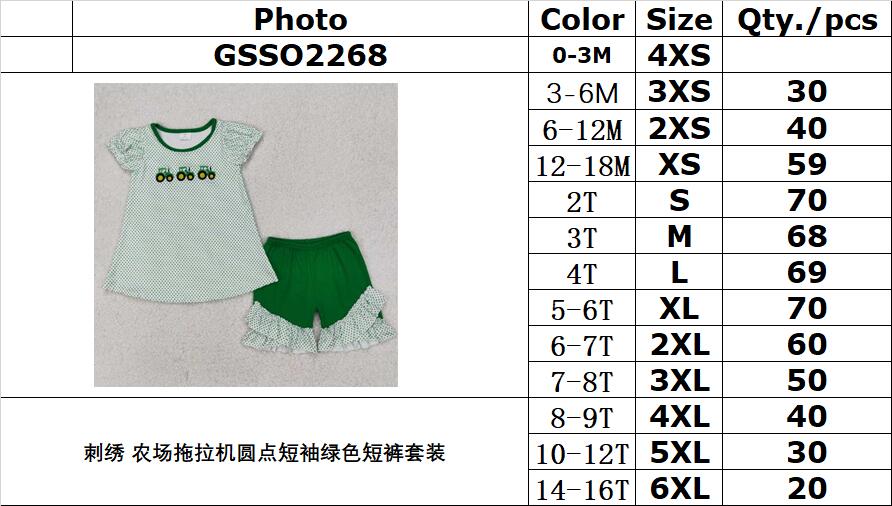 RTS NO MOQ ETA 5/7days Arrived GSSO2268 Embroidered Farm Tractor Polka Dot Short Sleeve Green Shorts Set