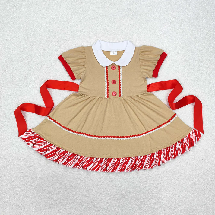 RTS NO MOQ Red Striped Skirt Khaki Baby Collar Button Short Sleeve Dress & Short Sleeve Thong Set
