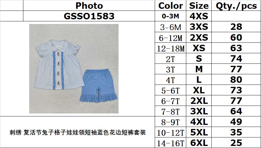 RTS NO MOQ ETA 5/7days Arrived GSSO1583 Embroidered Easter Bunny Plaid Doll Collar Short Sleeve Blue Lace Shorts Set