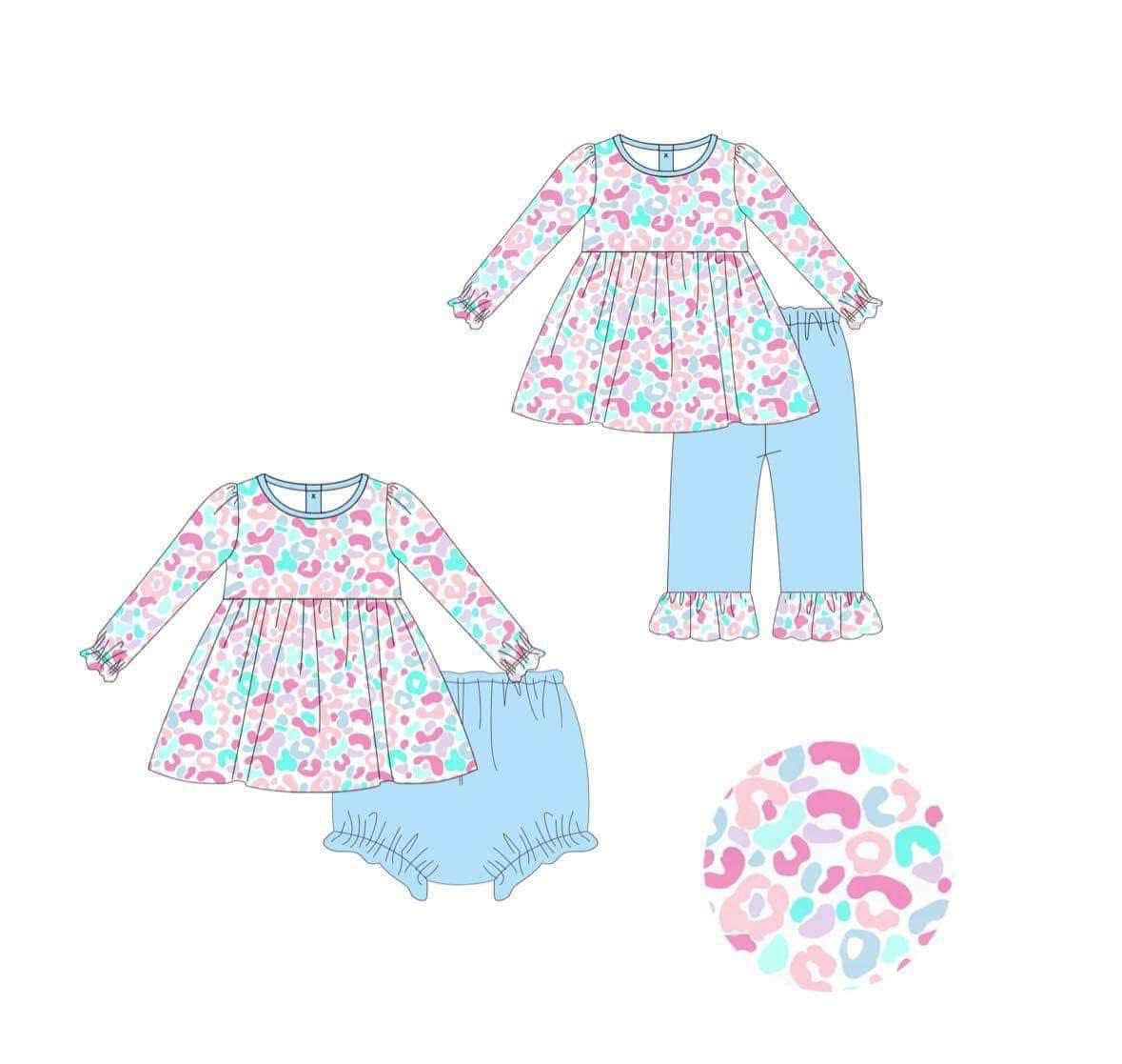 Custom moq 5 each style eta 6-7weeks baby girl clothes leopard long sleeve pants and briefs sets