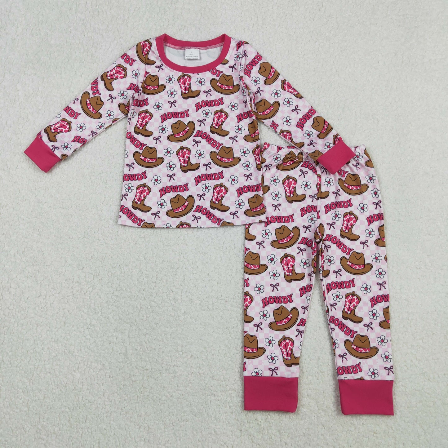 RTS NO MOQ(In Stock) GLP2664 Howdy Cowboy Hat Boots Floral Pink Plaid Long-Sleeved Pants Pajama Set