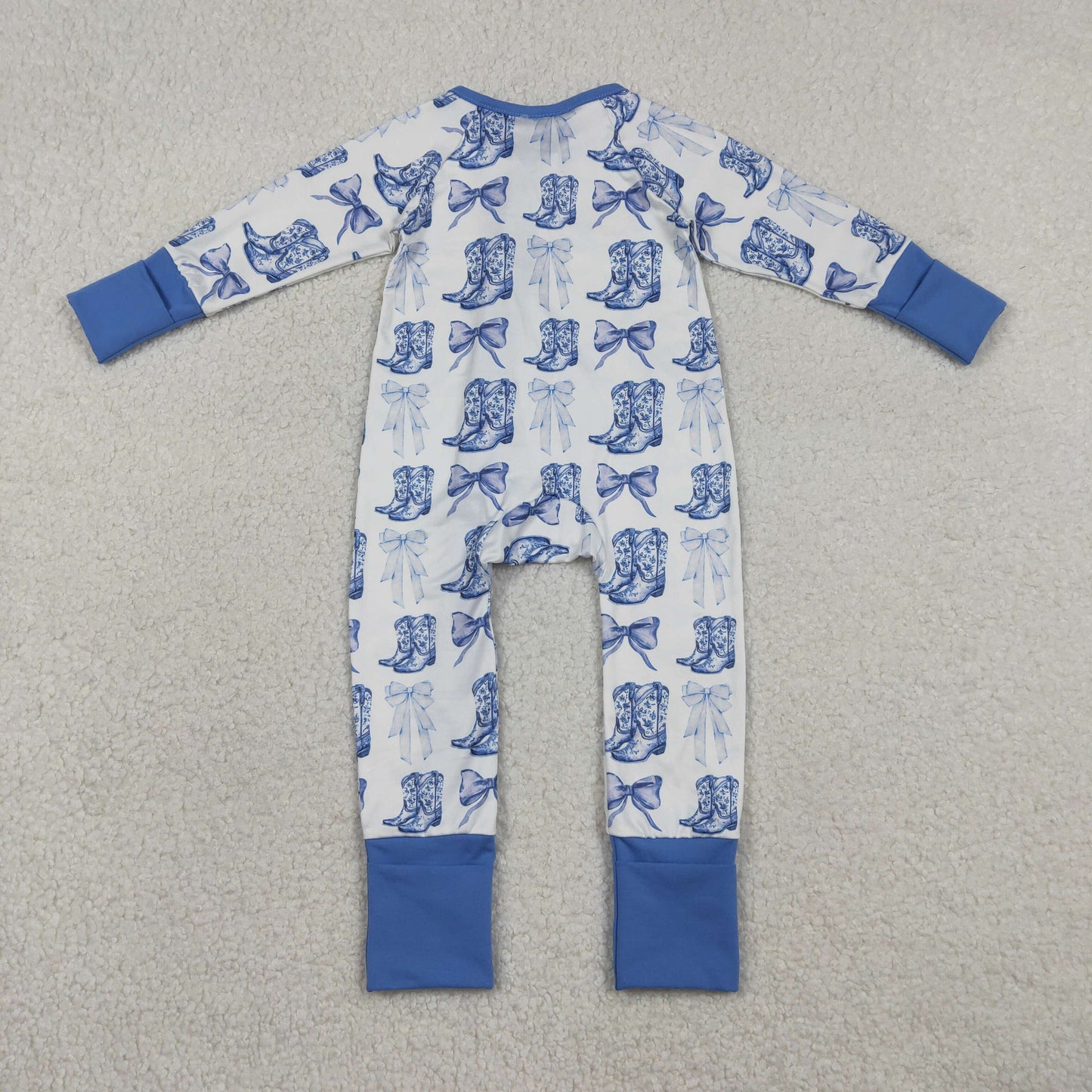 RTS NO MOQ(In Stock ) Boots and Bow Pattern Blue and White Zipper Long-Sleeve Jumpsuit