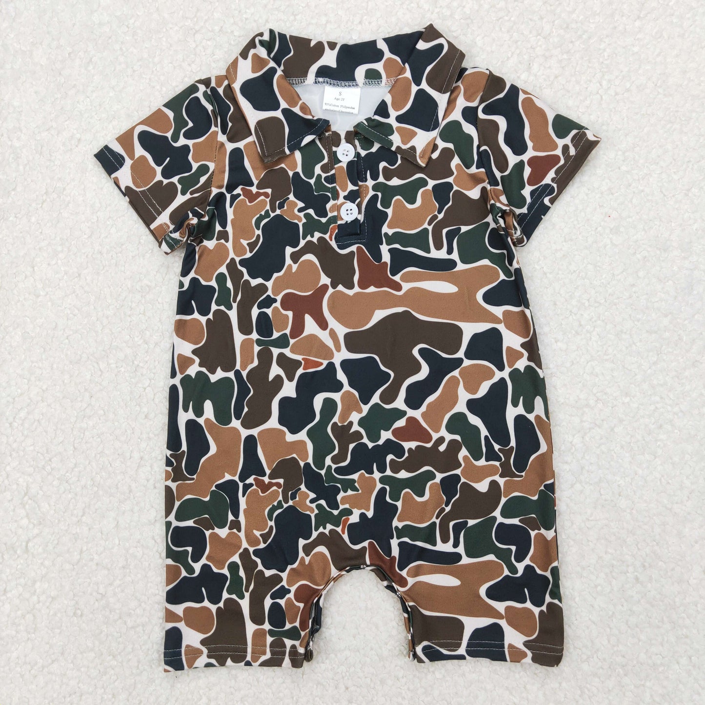 RTS NO MOQ(In Stock ) Beige short-sleeved jumpsuit with brown and green camouflage collar and buttons