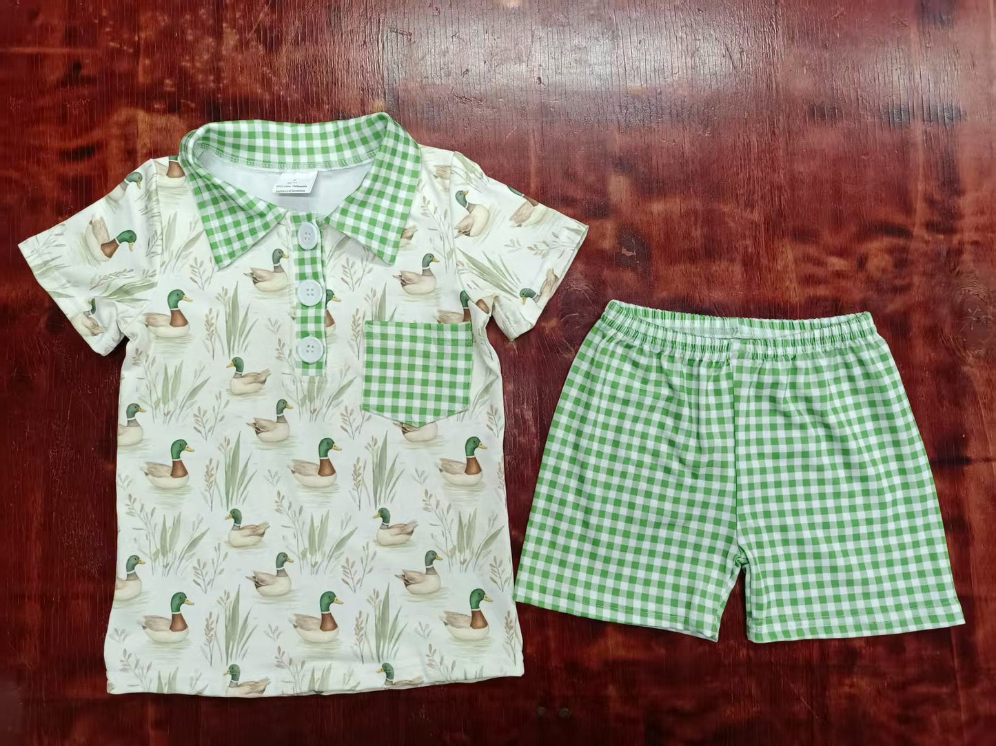 Custom moq 3 eta 6-7weeks baby boys clothes duck green plaid short sleeve shorts sets-25.5.9