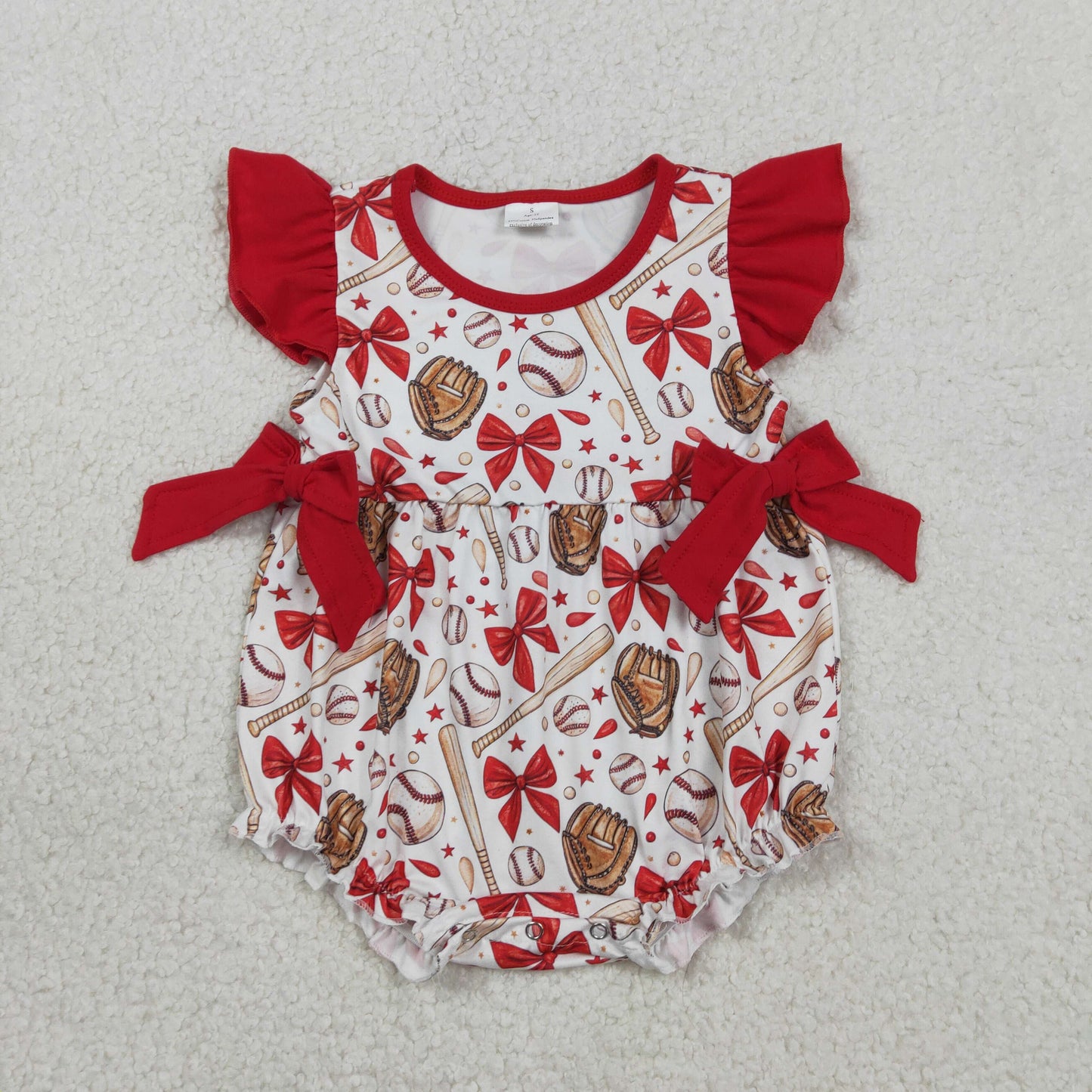 RTS NO MOQ(In Stock ) SR3834 Red bow-patterned baseball glove, white vest jumpsuit