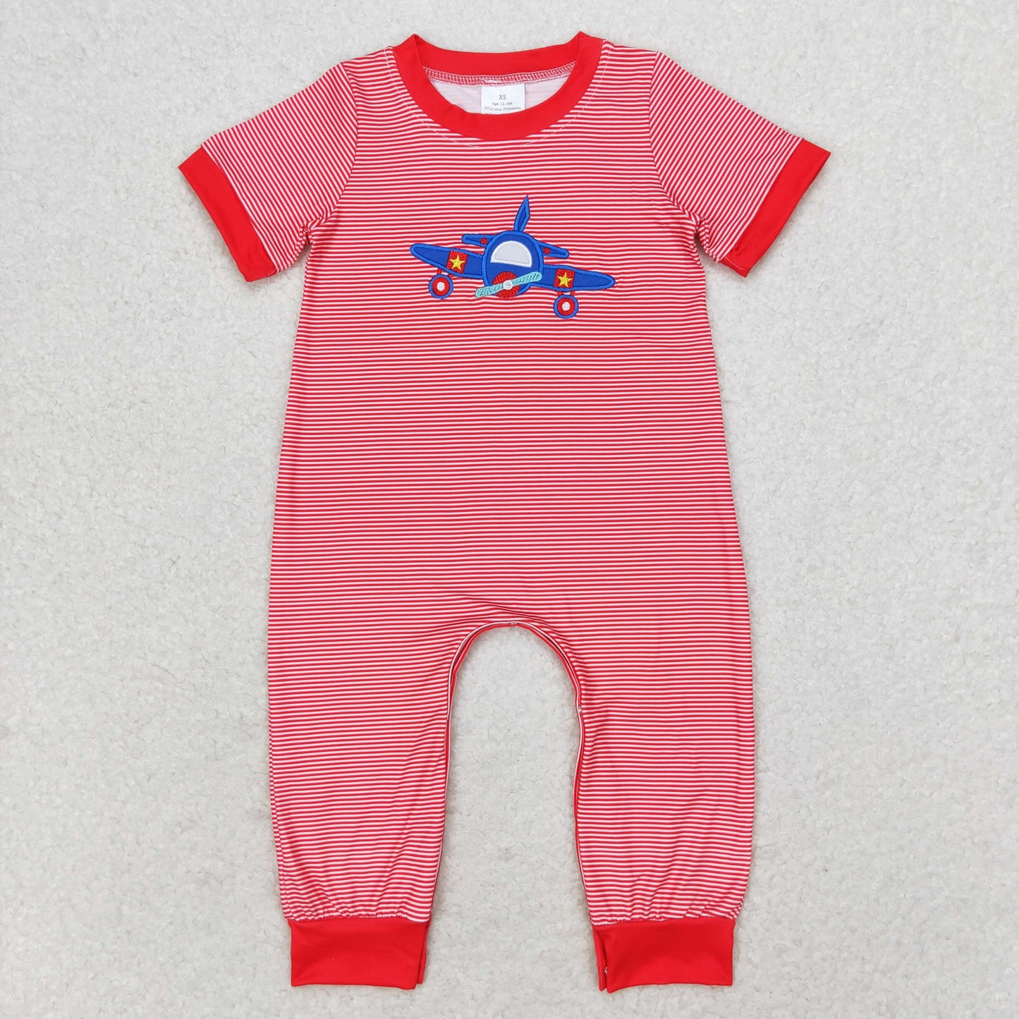 RTS NO MOQ(In Stock) Embroidered airplane red striped short-sleeved jumpsuit