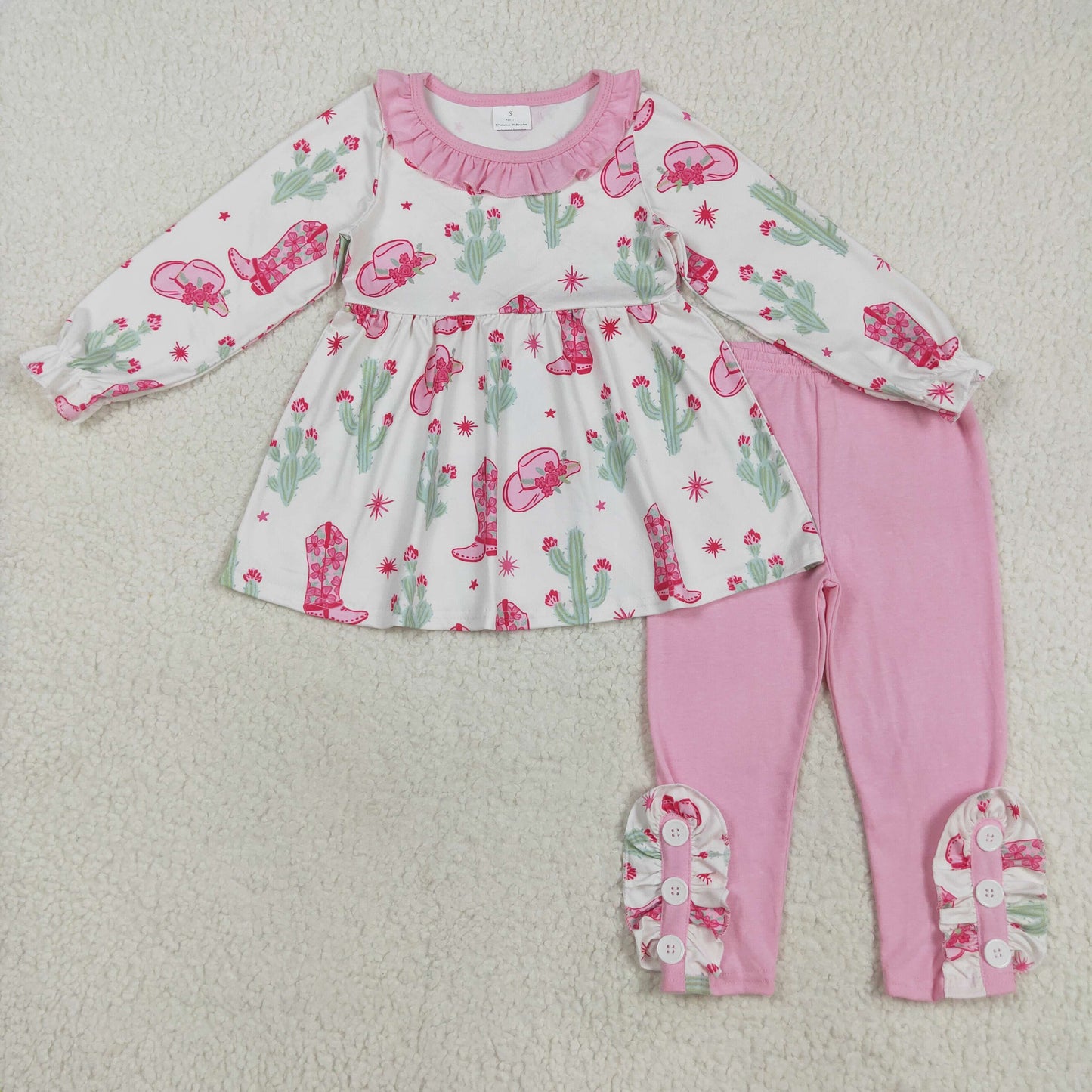 RTS NO MOQ(In Stock) GLP2367 Beige Long-Sleeved Pants Set with Floral Boots and Cactus Pink Lace