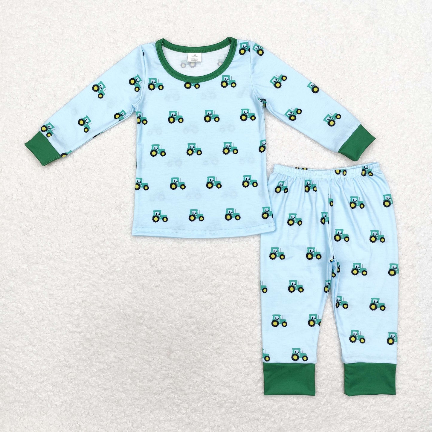RTS NO MOQ(In Stock) Modal Tractor Blue Green Long Sleeve Long Pants Pajama Set