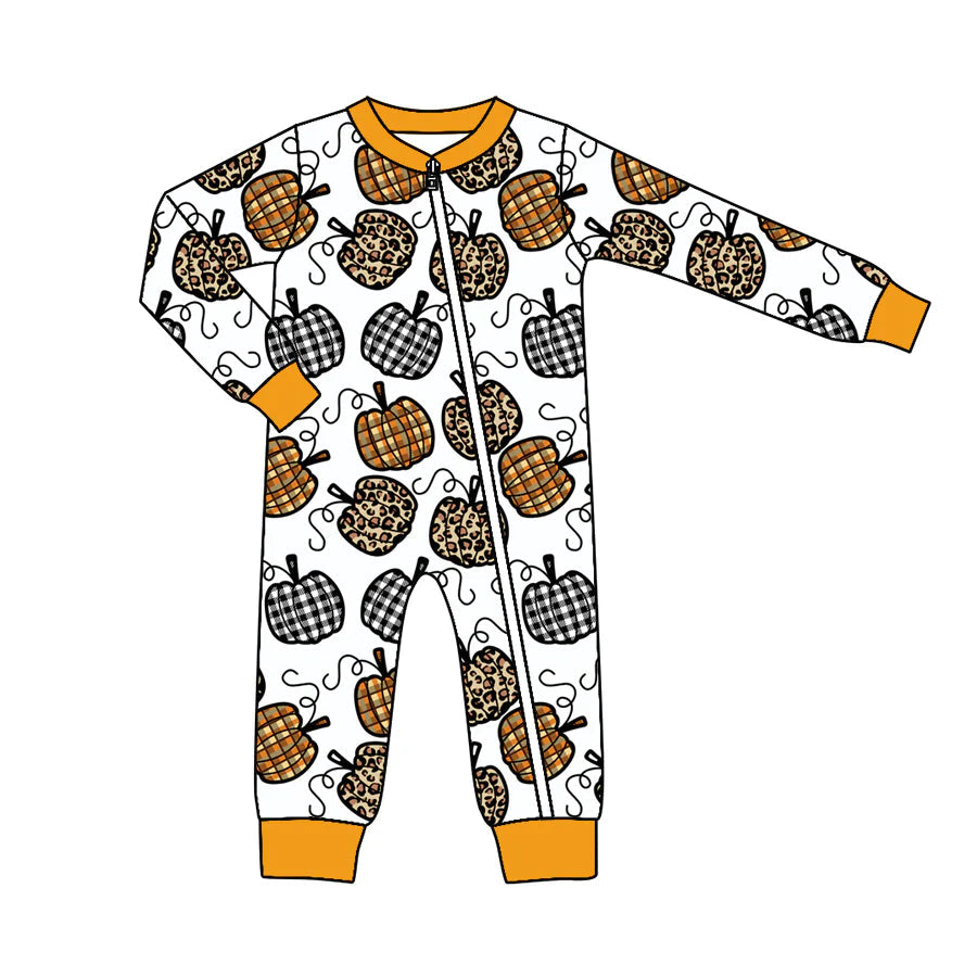 Deadline October 7 custom no moq eta 6-8weeks Leopard & Plaid Pumpkin Pattern Long Zip-Up Romper in White