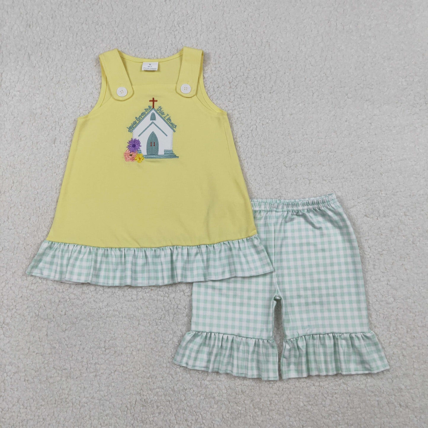 RTS NO MOQ(In Stock) GSSO2966 Embroidered Cross Flower Green Check Lace Yellow Sleeveless Shorts Set