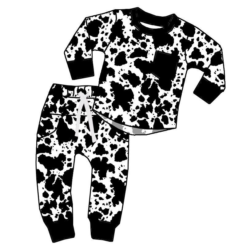 Custom moq 5 mix size milk silk summer baby boy clothes cow pattern long sleeve pants sets-25.8.9