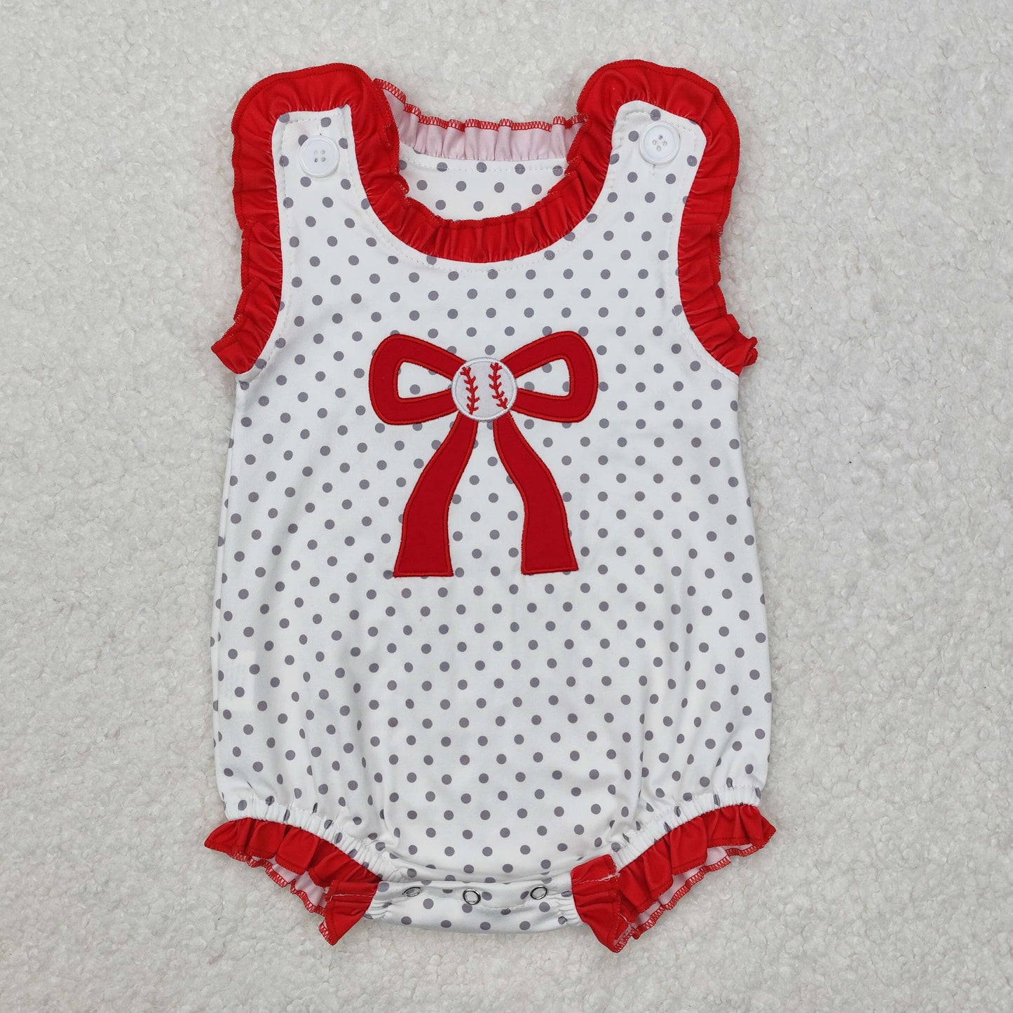 RTS NO MOQ(In Stock ) Embroidered baseball red bow polka dot white vest jumpsuit