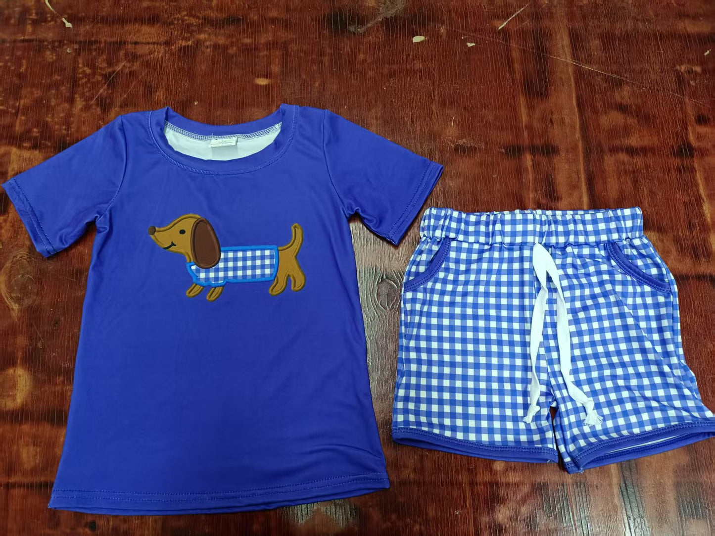 Custom moq 3 eta 6-7weeks baby boys clothes puppy blue Short Sleeve shorts sets