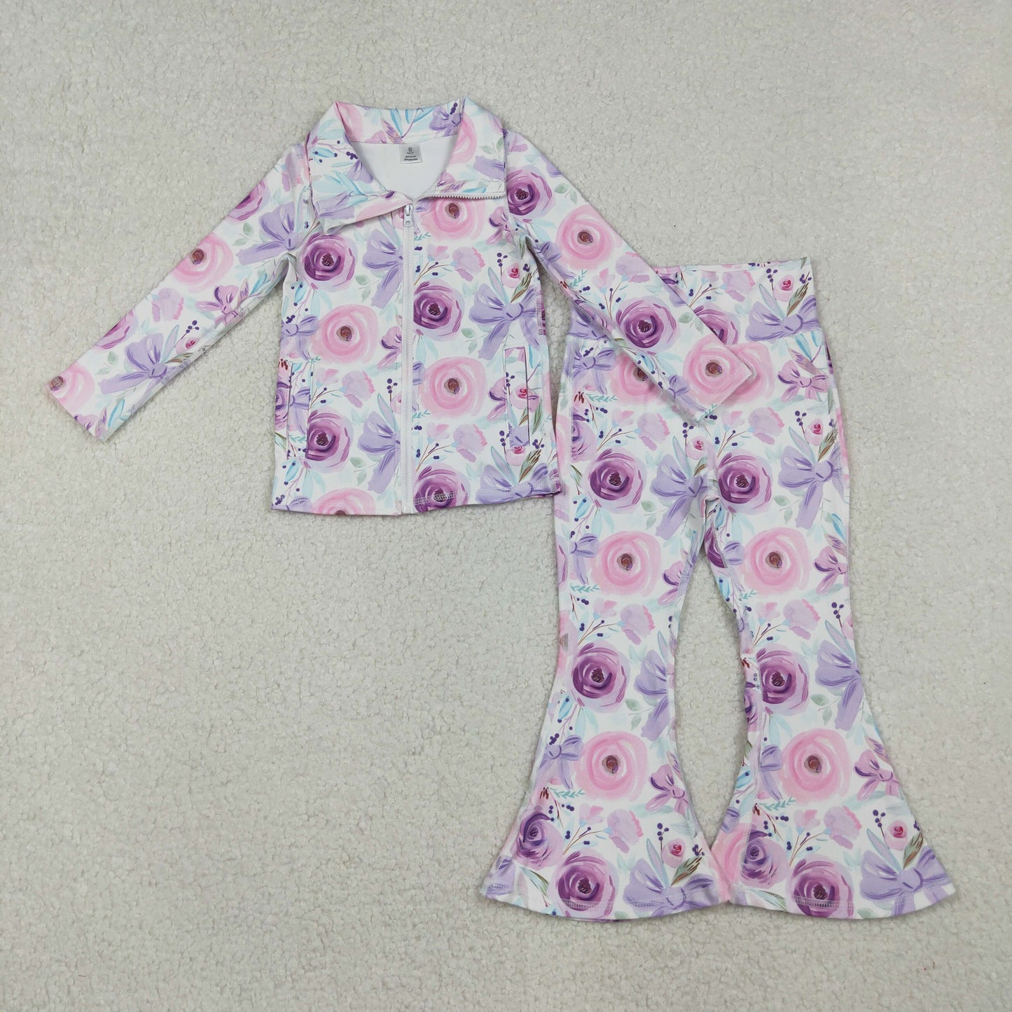 RTS NO MOQ(In Stock) GT1083+P0774 White Yoga Zippered Long-Sleeved Top with Pink and Purple Floral Bow Pattern pants set