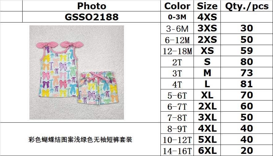 RTS NO MOQ GSSO2188 Light green sleeveless shorts set with colorful bow pattern