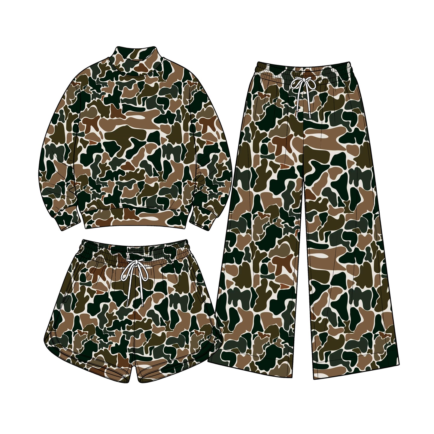 (Preorder new) No moq Baby Girls moq 5 Baby Girls Wood Camo Long Sleeve Top Pockets Shorts Yoga Active Clothes 3 piece Set