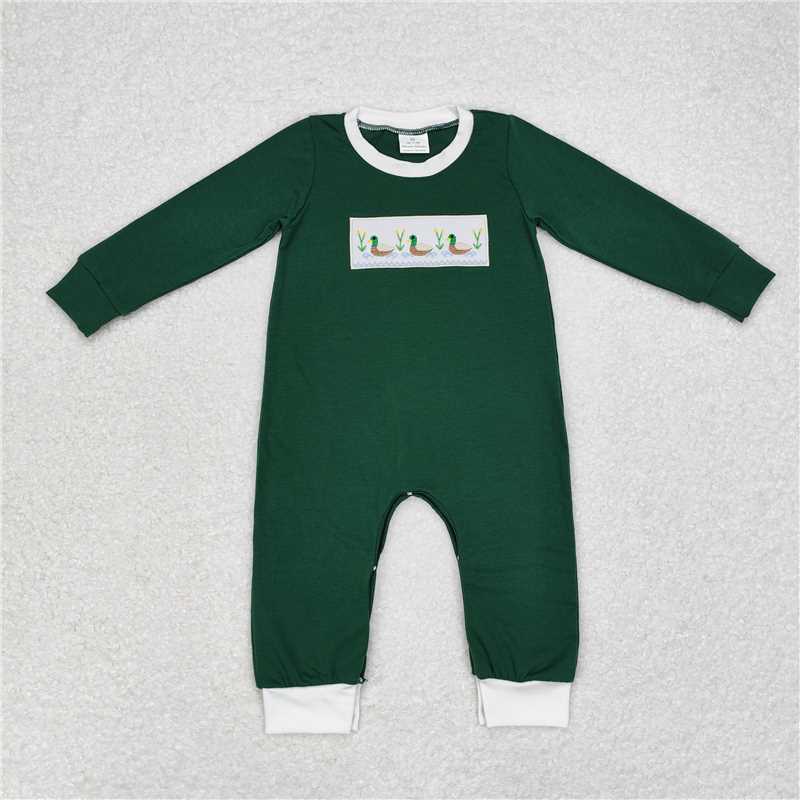 RTS NO MOQ(In Stock) LR1465 Boy green long-sleeved bodysuit with embroidered duck