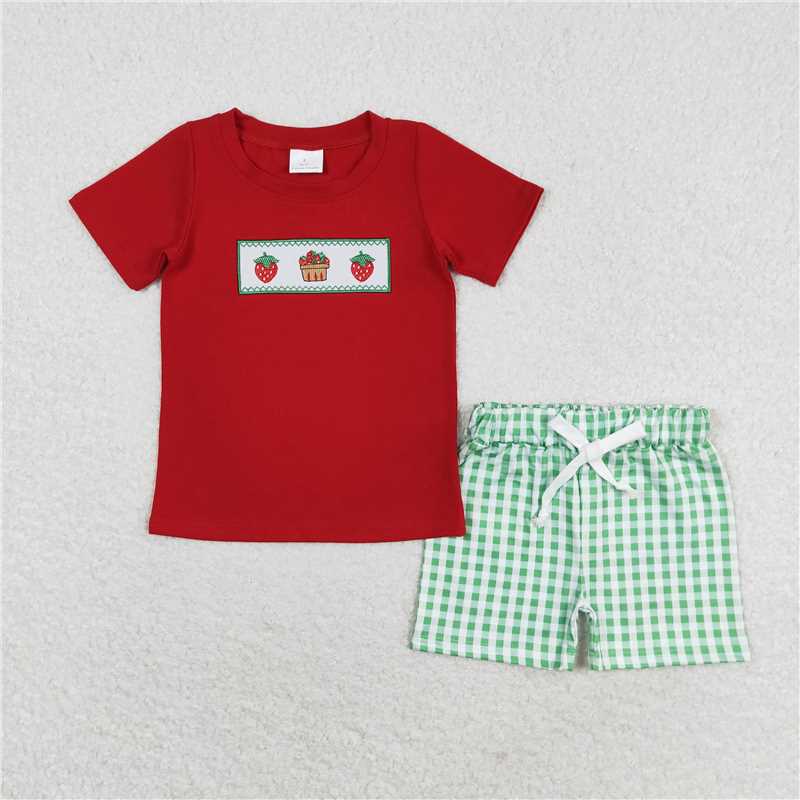 RTS NO MOQ(In Stock) Embroidered strawberry Short Sleeve Shorts Set