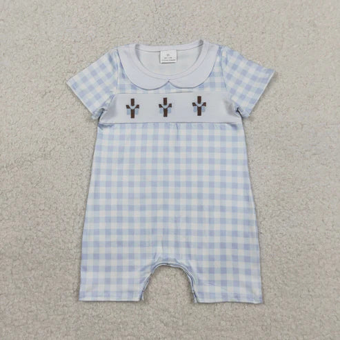 RTS NO MOQ Sibling Baby Kids Knee-Length Dress Rompers with Embroidery Crosses Easter Checked Collar for Boys And Girls
