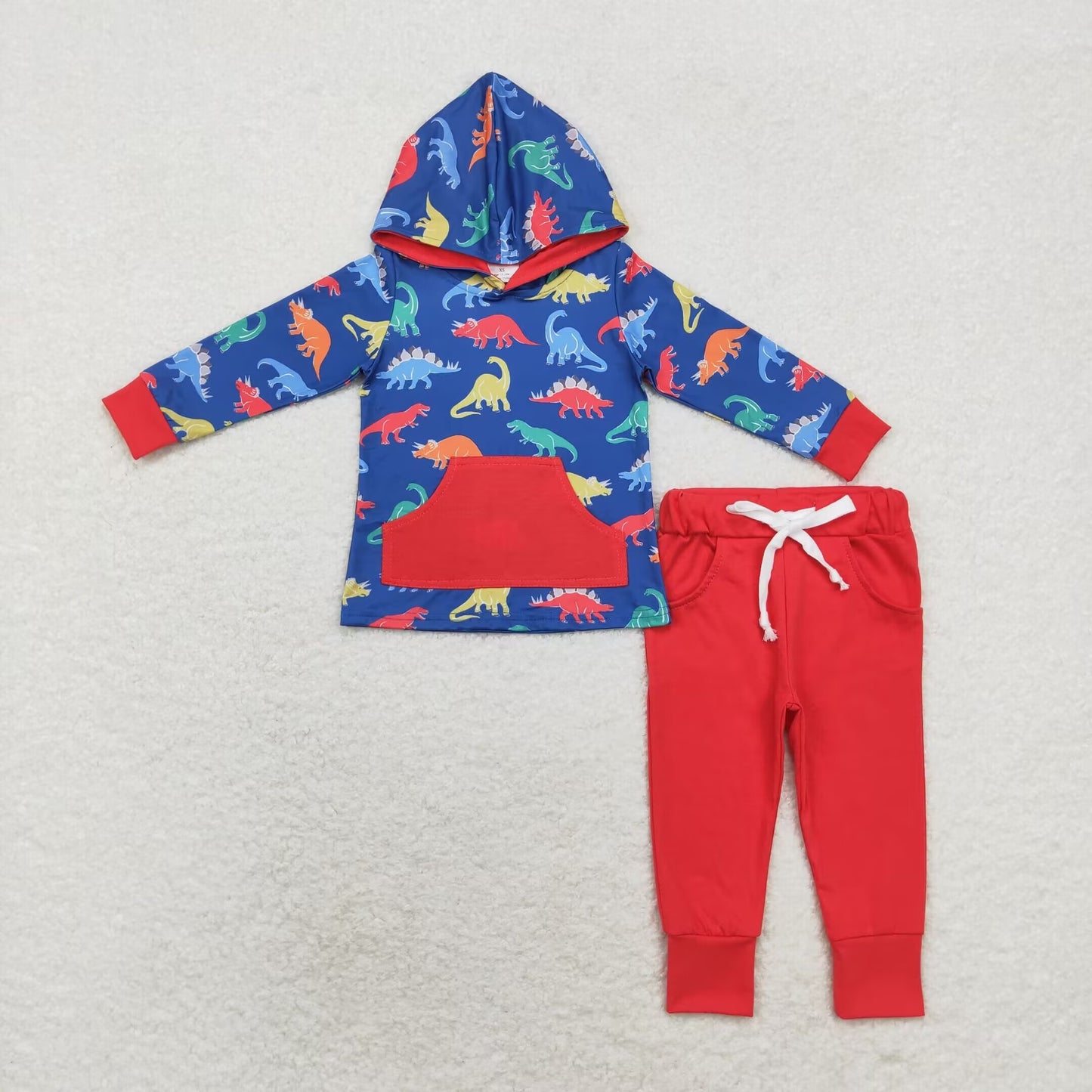RTS NO MOQ(In Stock) BLP0637 Dinosaur navy blue hooded long-sleeved red trousers set