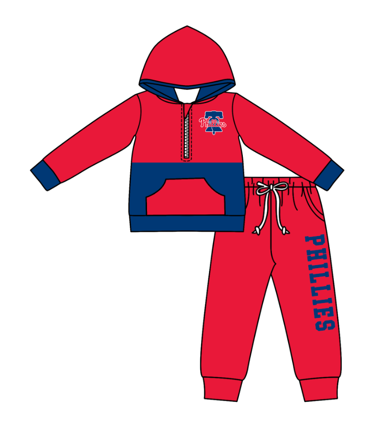 Custom moq 5 mix size eta 6-8weeks milk silk summer teams red baby boy clothes hooded long sleeve pants sets-25.10.24
