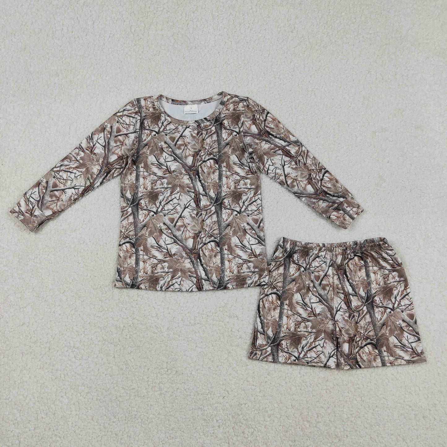 RTS NO MOQ(In Stock) Jungle Branch and Leaf Long-Sleeved Shorts Set