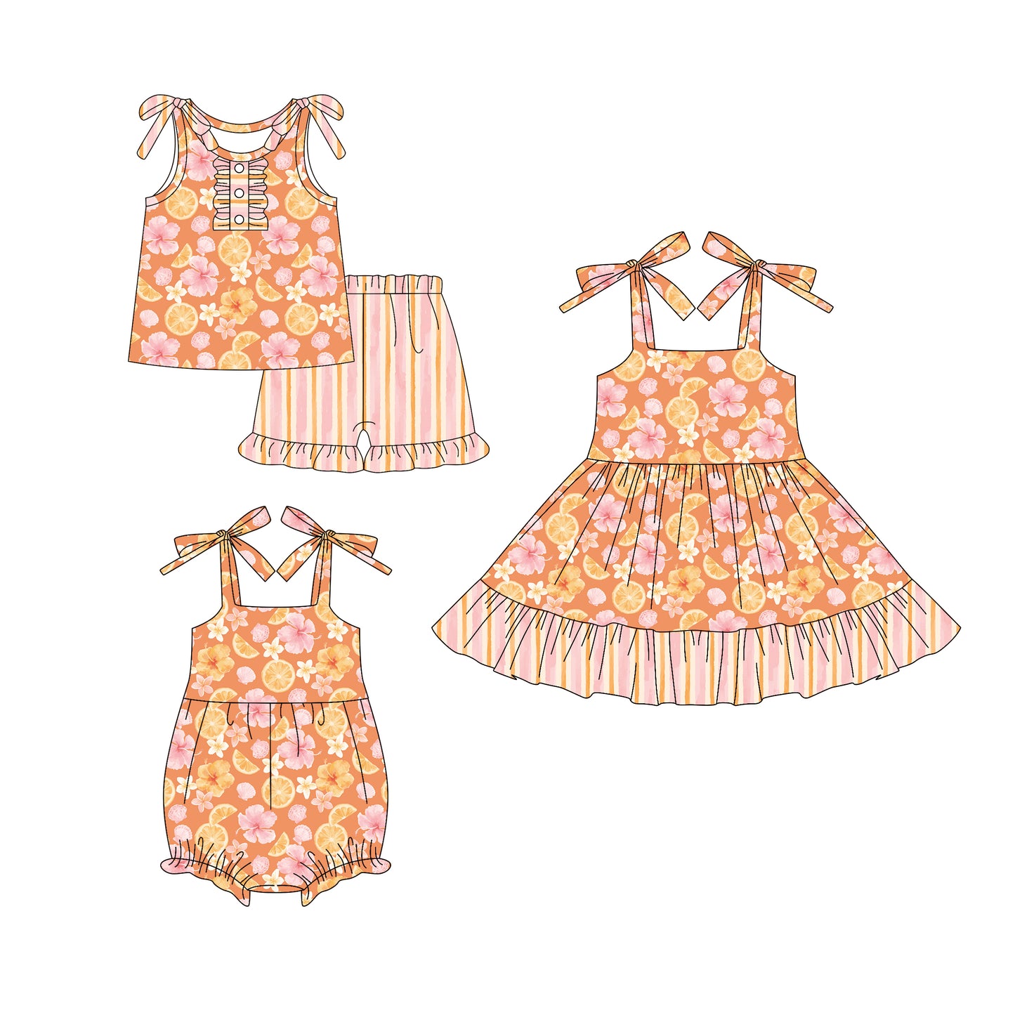 25.5.25 custom each style moq 5eta 4-6week Sibling Sisters floral orange baby girl short sleeve shorts sets and dress and rompers match family design