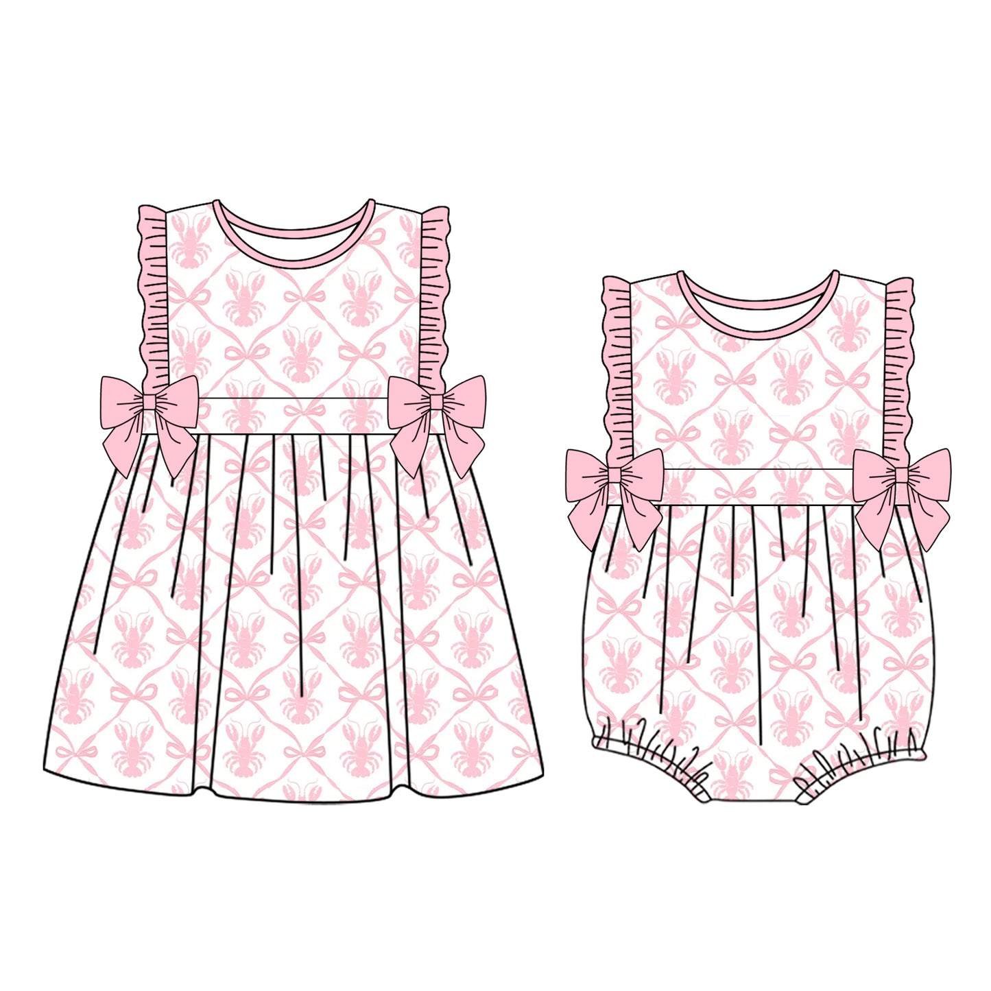 25.12.26 custom each style moq 5 eta 6-8week Sibling Sister lobster bow baby short sleeve romper and dress match design