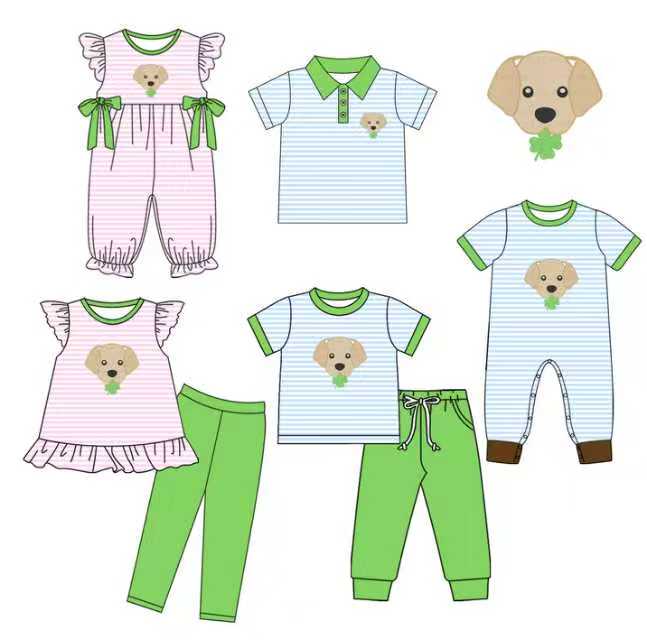 25.11.8 custom each style moq 5 eta 6-8week Sibling Sister puppy baby short sleeve pants sets 2 and romper 2 and top match design