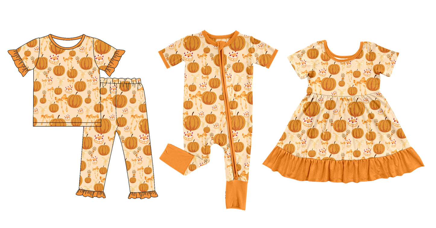 25.5.12 custom each style moq 5eta 4-6week Sibling Sisters pumpkin bow cake baby girl short sleeve pants sets and dress and rompers match family design