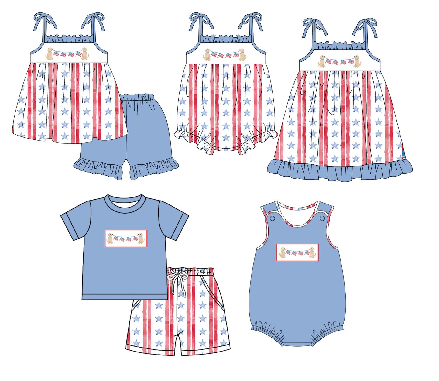 1.16 custom each style moq 5eta 4-6week Sibling Sister 4th of july dog baby girl short sleeve shorts sets and sets 2 and boy romper and girl romper and dress match design