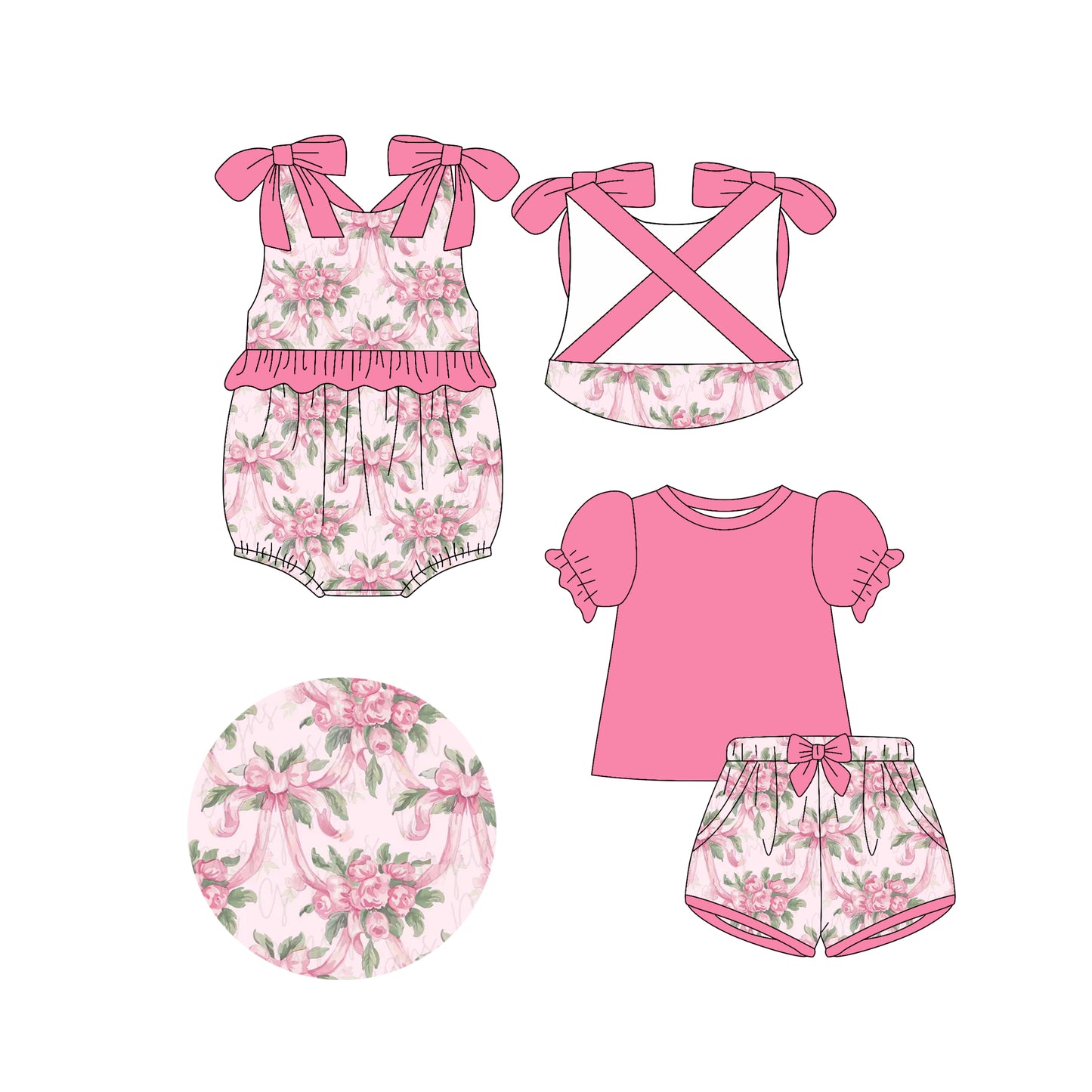 4.14 custom each style moq 5eta 4-6week Sibling Sisters floral bow pink baby girl short sleeve shorts sets and rompers match family design