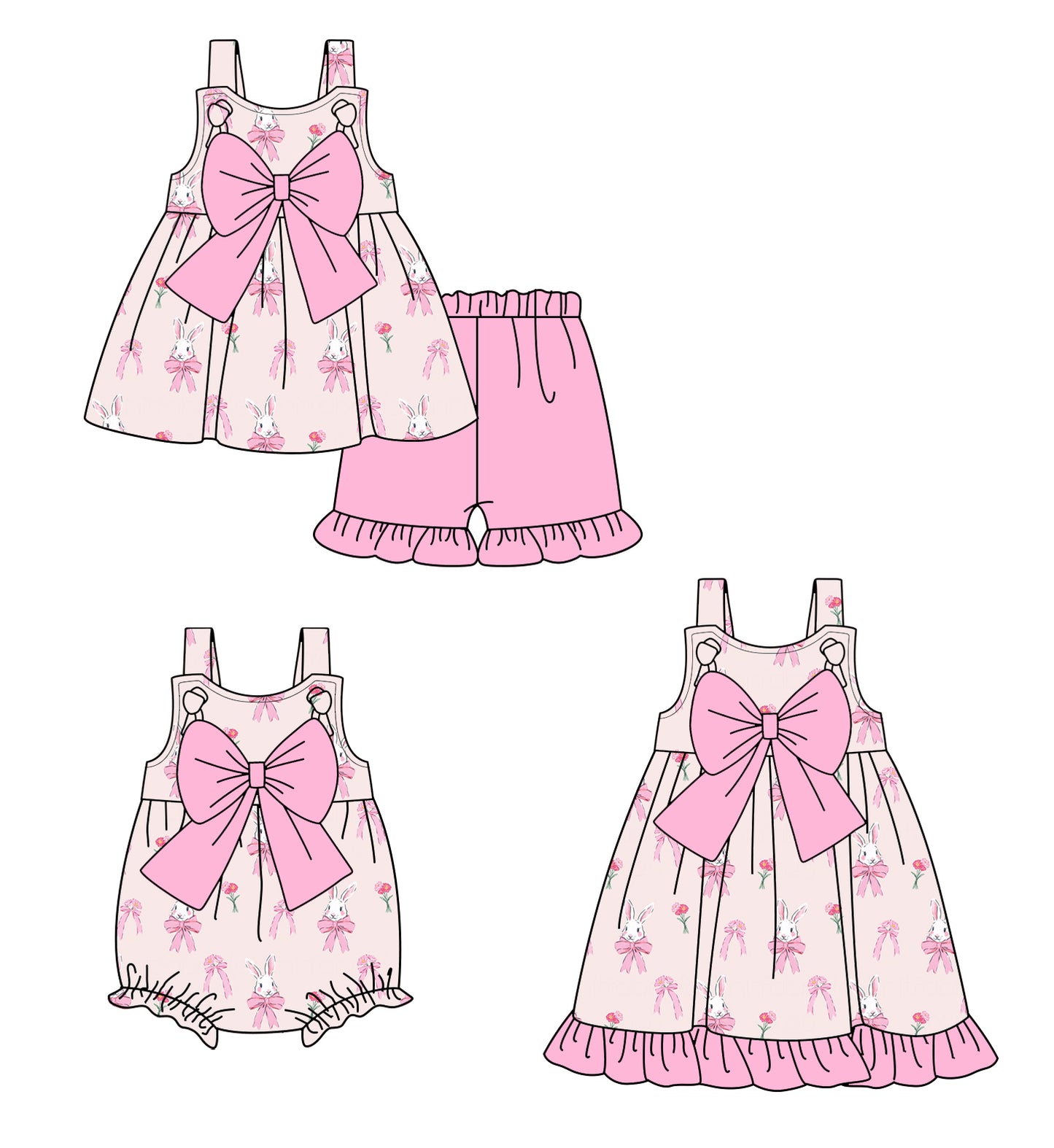 25.12.27 custom each style moq 5 eta 6-8week Sibling Sister bunny bow baby short sleeve shorts sets and romper and dress match design