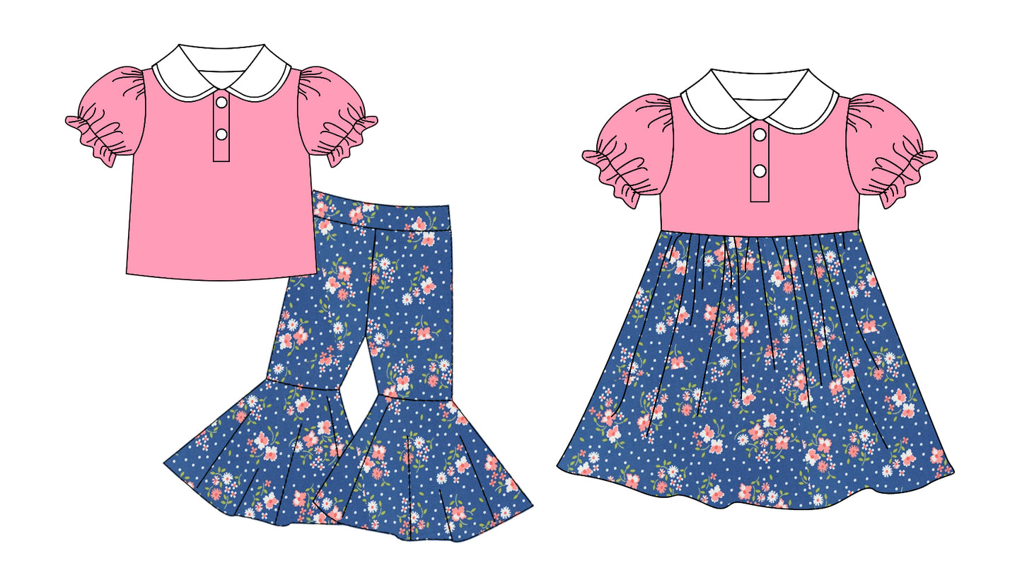 11.13 custom each style moq 5eta 4-6week Sibling Sister blue flower pink baby girls sets and dress match family design