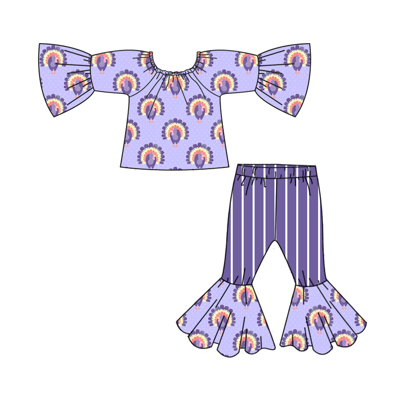 6.29 custom each style moq 5eta 4-6week girls turkey purple long sleeve striepd pants baby girls sets