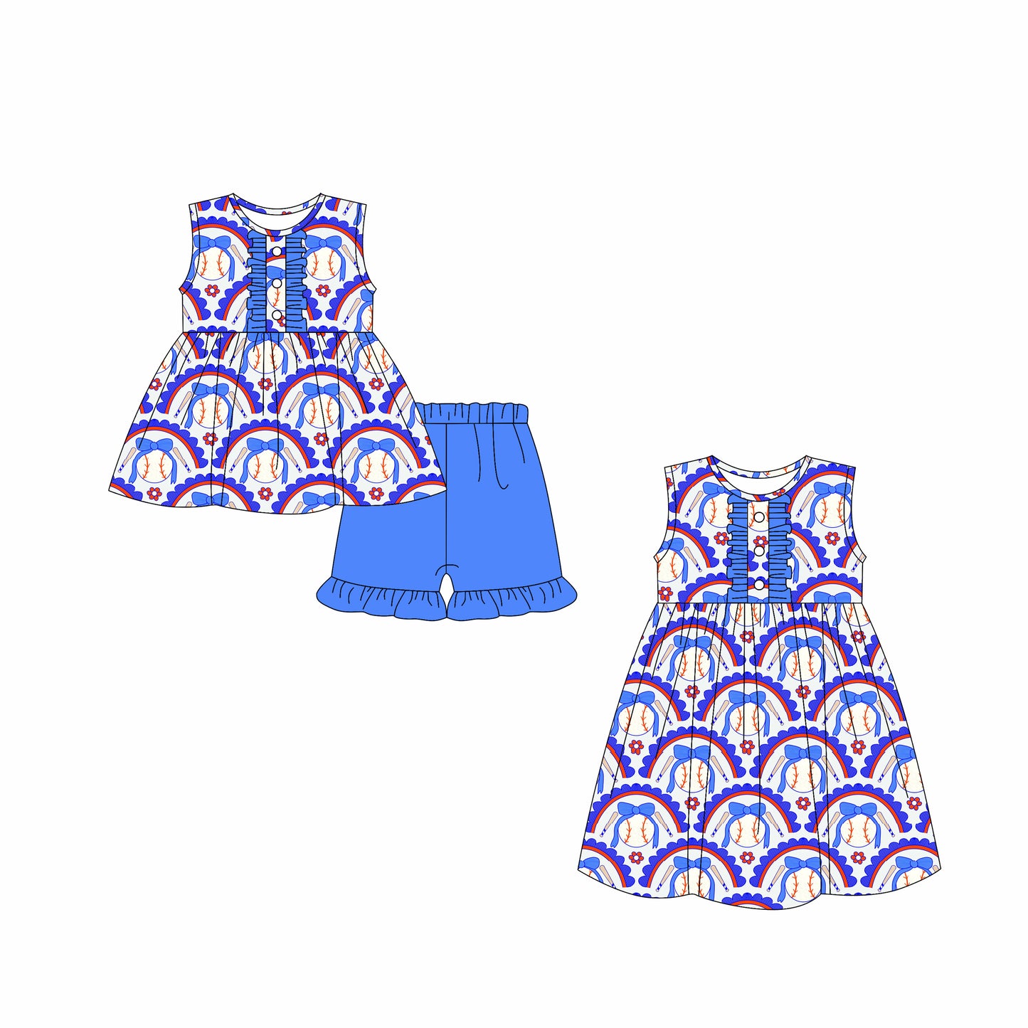 3.3 custom each style moq 5eta 4-6week Sibling Sister baseball bow baby girl short sleeve shorts sets and dresses match design
