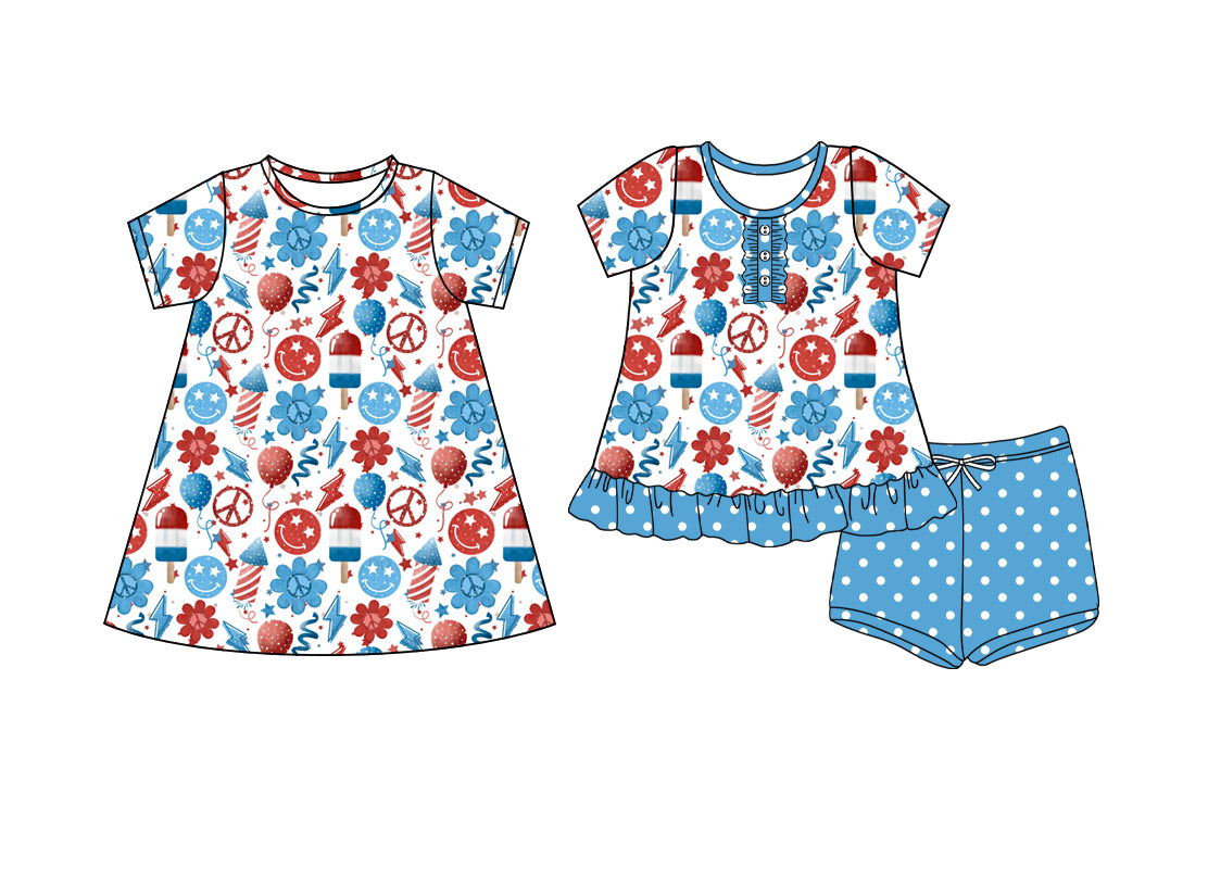 4.8 custom each style moq 5eta 4-6week Sibling Sister smiley baby girl short sleeve shorts sets and dresses match design