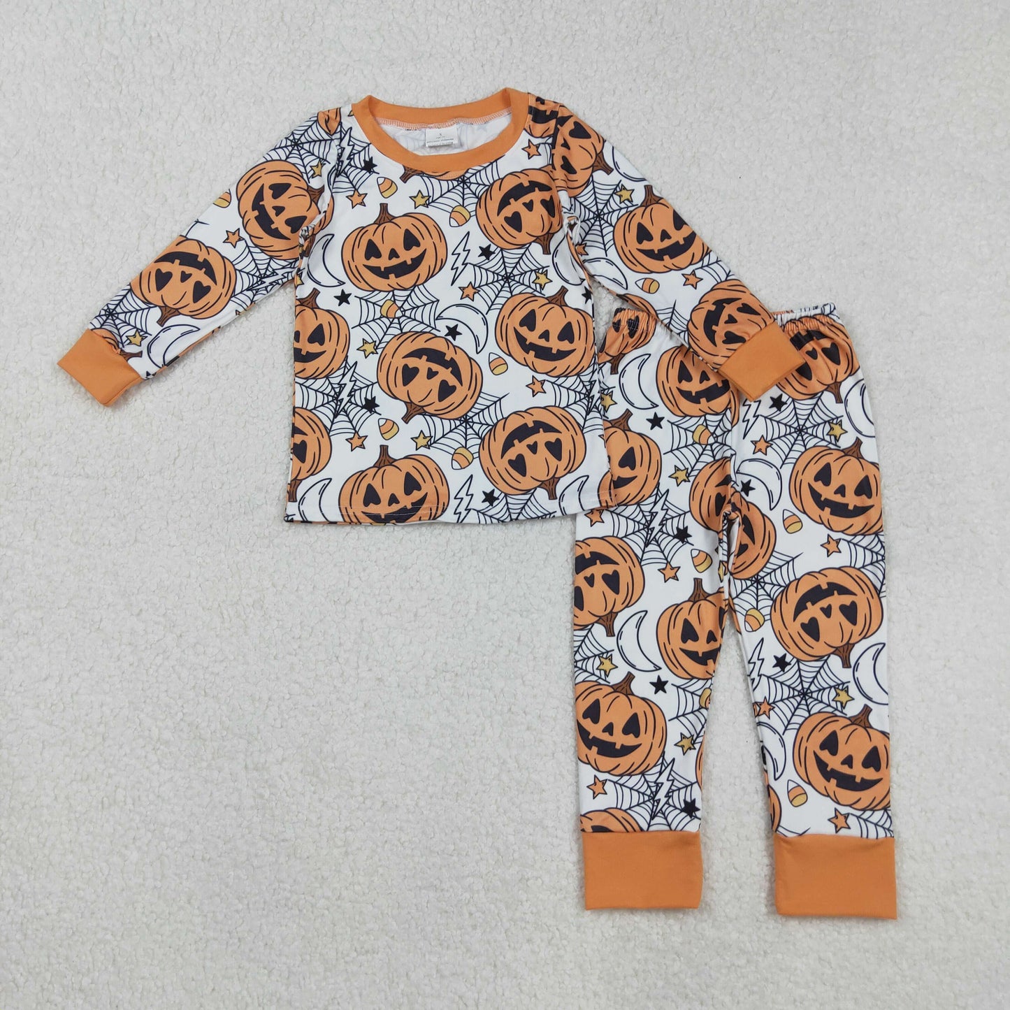 RTS NO MOQ(In Stock) BLP1210 Halloween Smiley Pumpkin Star Spiderweb Candy Long-Sleeved Pants Pajama Set