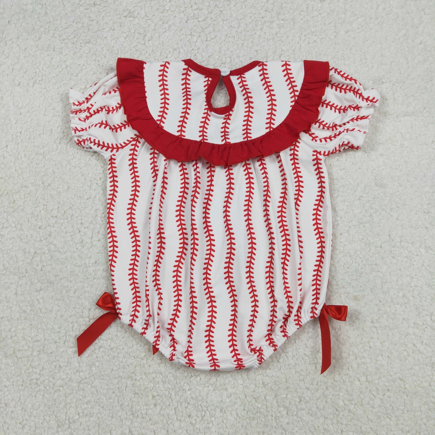 RTS NO MOQ(In Stock) Embroidered Baseball Red Bow Design Short-Sleeve Jumpsuit