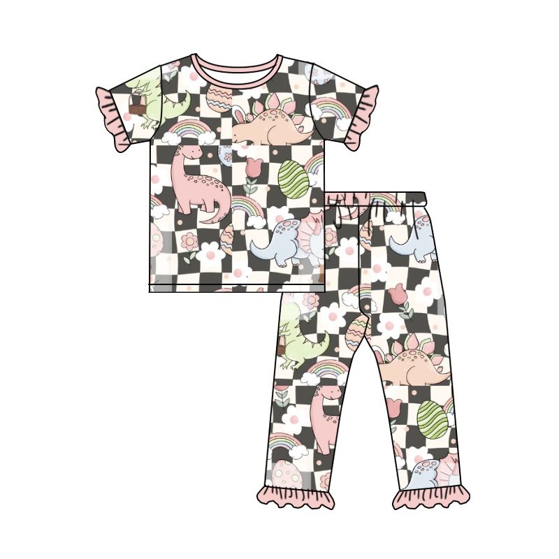 GSPO1203 Dinosaur Rainbow Flower Easter Egg Plaid Pink Lace Short Sleeve Pants Suit