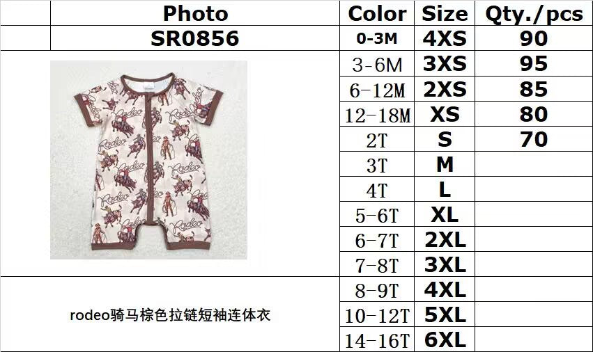 RTS no moq SR0856 Rodeo riding brown zipper short sleeve jumpsuit