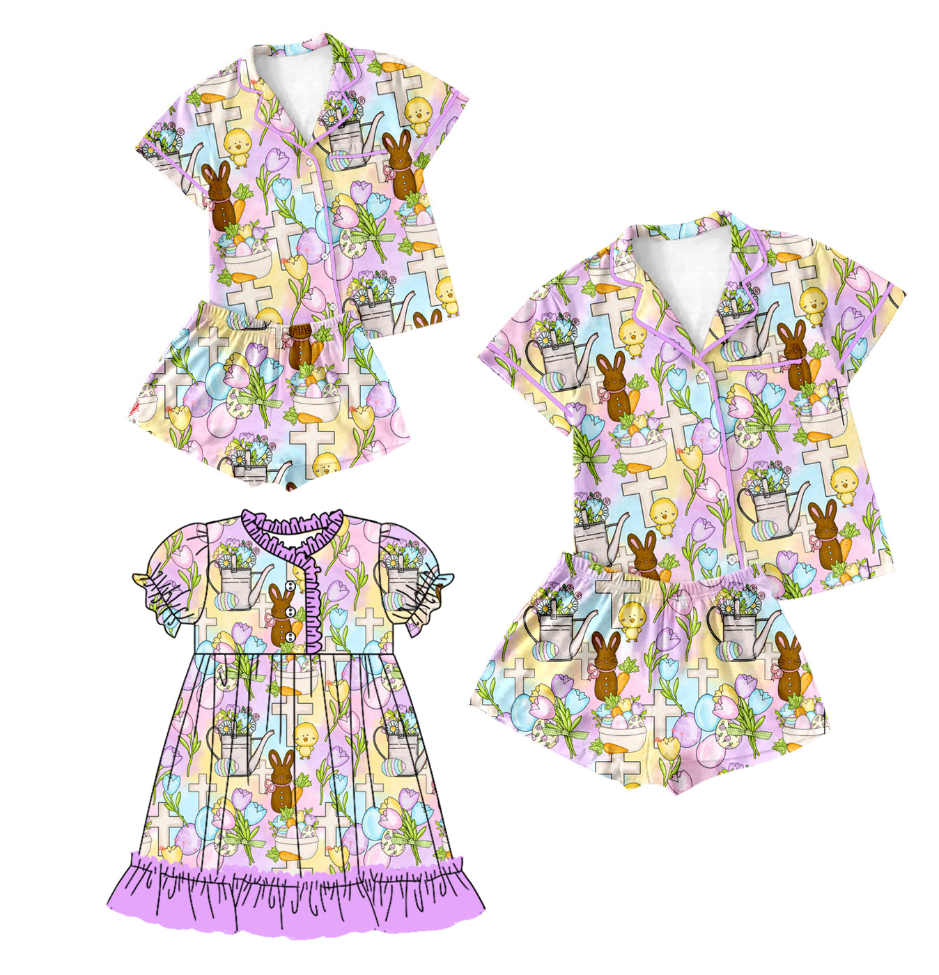 12.12 custom each style moq 5eta 4-6week Sibling Sister easter baby girls short sleeve shorts sets and adult sets and dress match design