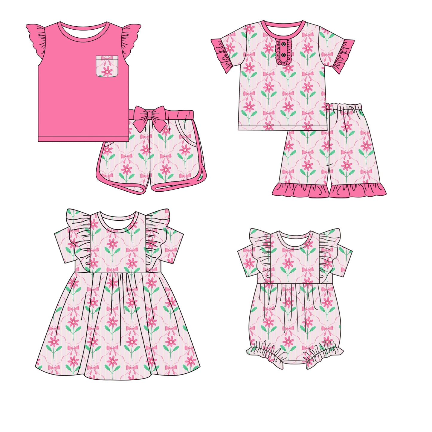 12.20 custom each style moq 5eta 4-6week Sibling Sister bow floral baby girl short sleeve shorts sets and sets 2 and girls romper and boy romper and dress match design